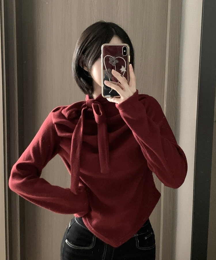 【タイ付き】ドレープブラウス長袖Tシャツ WINE