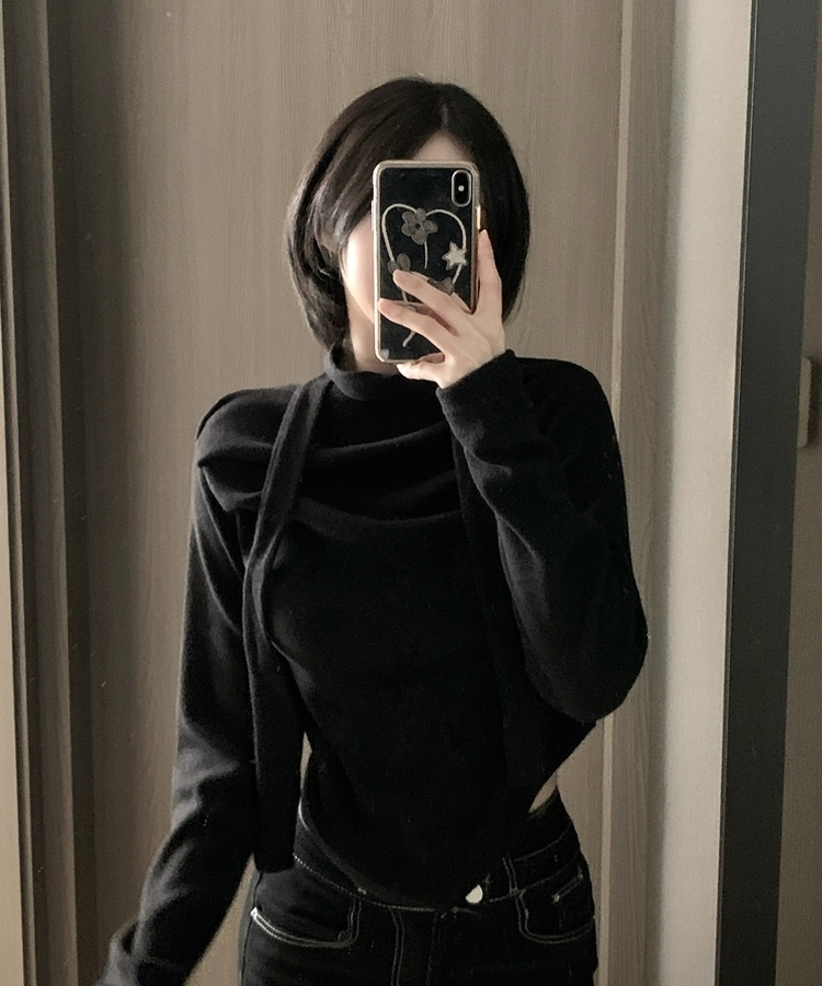 【タイ付き】ドレープブラウス長袖Tシャツ BLACK