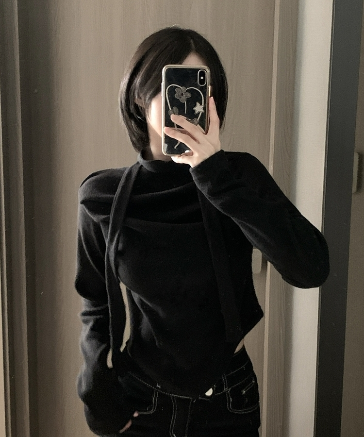 【タイ付き】ドレープブラウス長袖Tシャツ BLACK