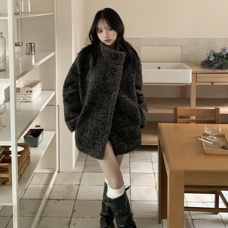 ハイネックウールボアハーフダンブルコート CHARCOAL