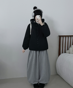 ハイネックダブルフードダウンジャンパー BLACK