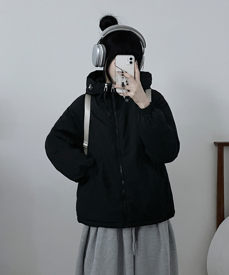 ハイネックダブルフードダウンジャンパー BLACK