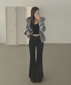 【丈別】【起毛】ベルベットコーデュロイブーツカットスパンパンツ BLACK