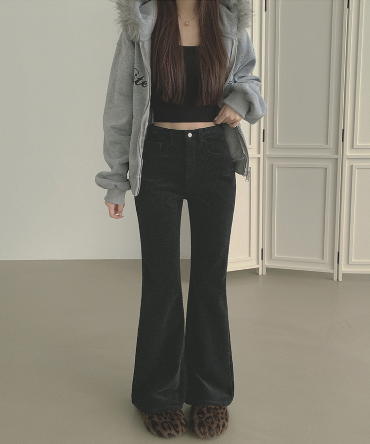 【丈別】【起毛】ベルベットコーデュロイブーツカットスパンパンツ BLACK