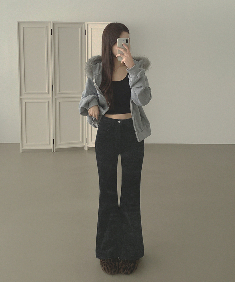 【丈別】【起毛】ベルベットコーデュロイブーツカットスパンパンツ BLACK