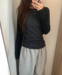 ヘンリーネックボタンストライプ長袖Tシャツ CHARCOAL