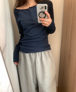 ヘンリーネックボタンストライプ長袖Tシャツ NAVY