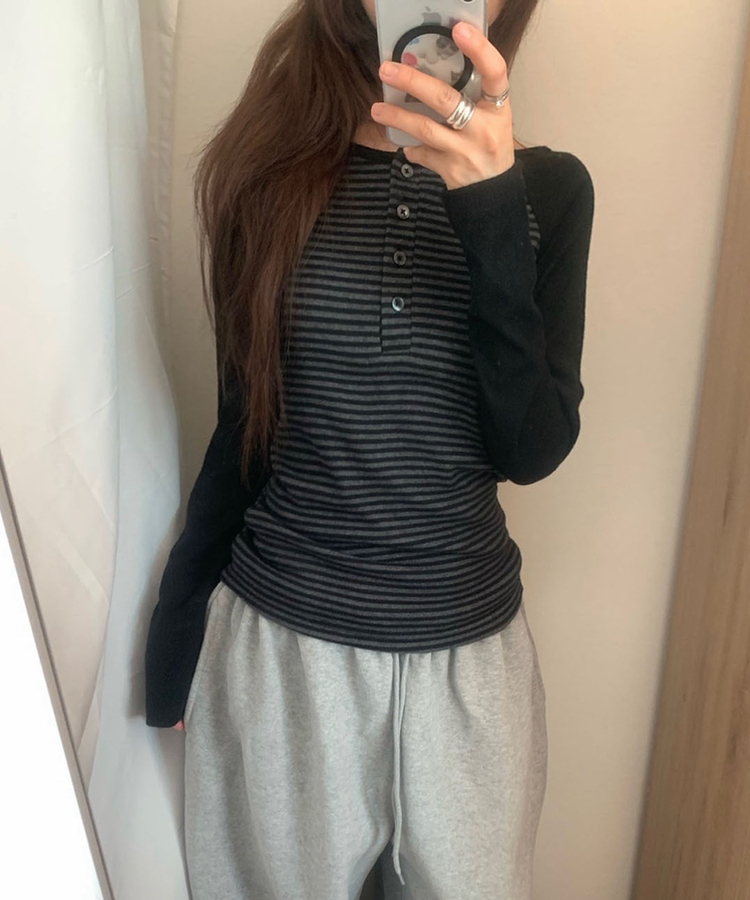 ヘンリーネックボタンストライプ長袖Tシャツ CHARCOAL