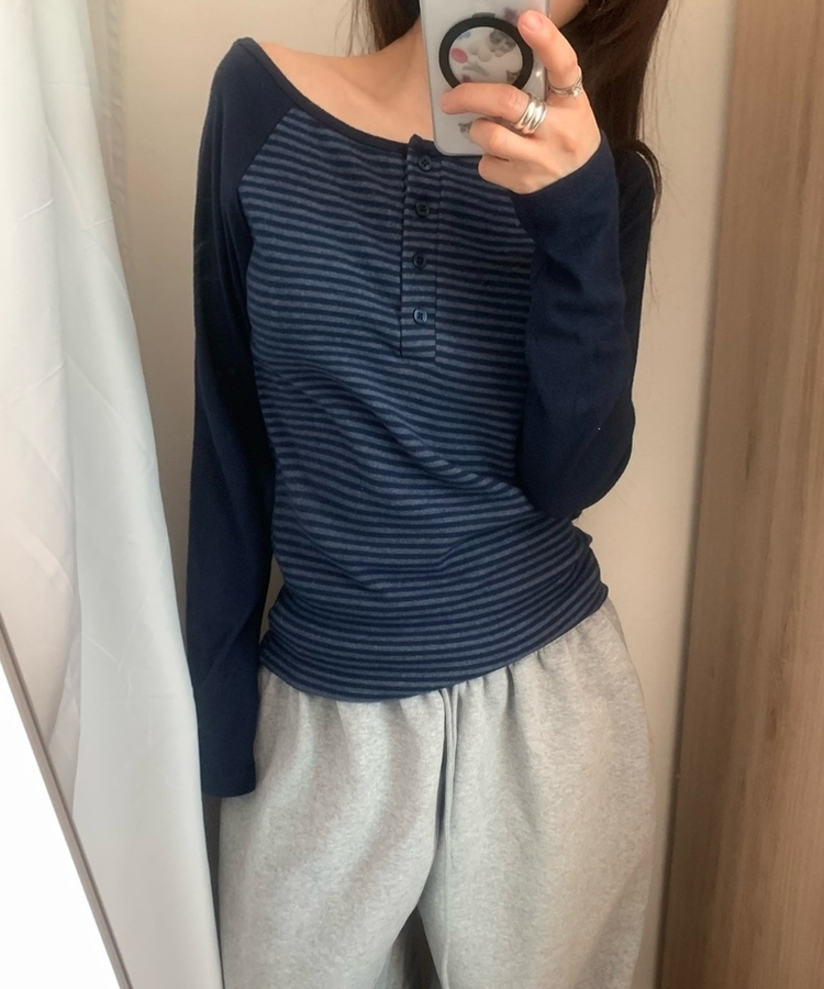 ヘンリーネックボタンストライプ長袖Tシャツ NAVY