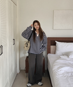 【起毛】ワイドスリットコットンパンツ GREY