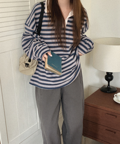 【起毛】ストライプカラーTシャツ TEAL