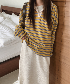 【起毛】ストライプカラーTシャツ MUSTARD