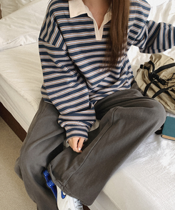 【起毛】ストライプカラーTシャツ TEAL