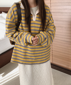 【起毛】ストライプカラーTシャツ MUSTARD