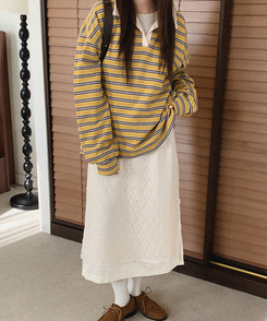 【起毛】ストライプカラーTシャツ MUSTARD