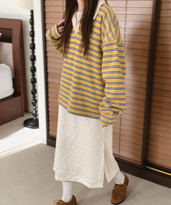 【起毛】ストライプカラーTシャツ MUSTARD