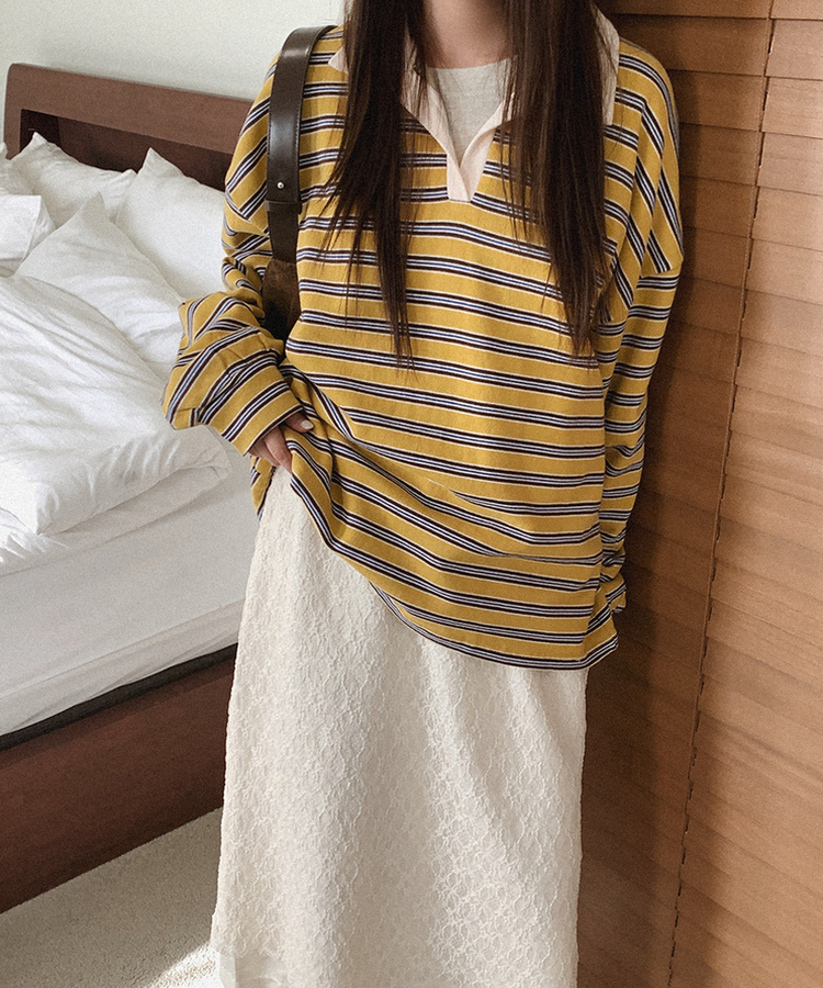 【起毛】ストライプカラーTシャツ MUSTARD