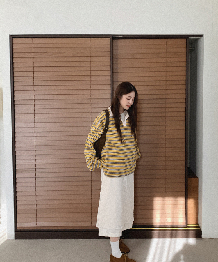 【起毛】ストライプカラーTシャツ MUSTARD