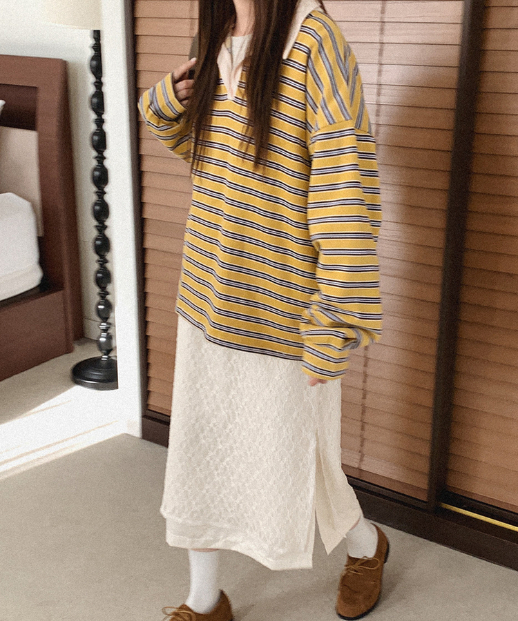 【起毛】ストライプカラーTシャツ MUSTARD