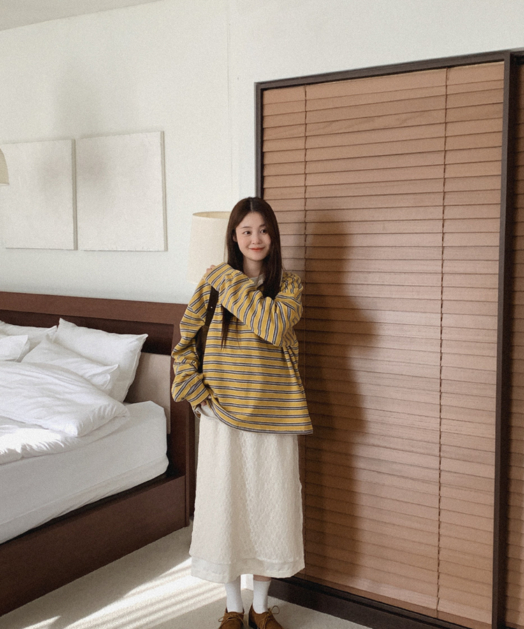 【起毛】ストライプカラーTシャツ MUSTARD