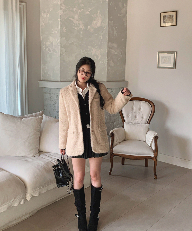 肩パッドポケットアンゴラジャケット BEIGE