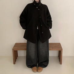 ハイネックボタンオーバーハーフコート BLACK