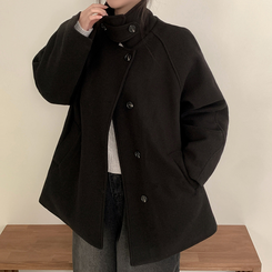 ハイネックボタンオーバーハーフコート BLACK