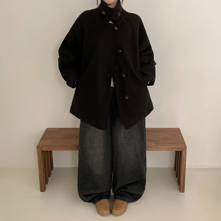 ハイネックボタンオーバーハーフコート BLACK