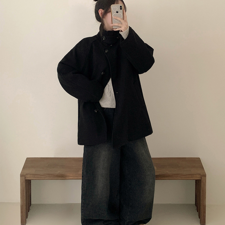 ハイネックボタンオーバーハーフコート BLACK