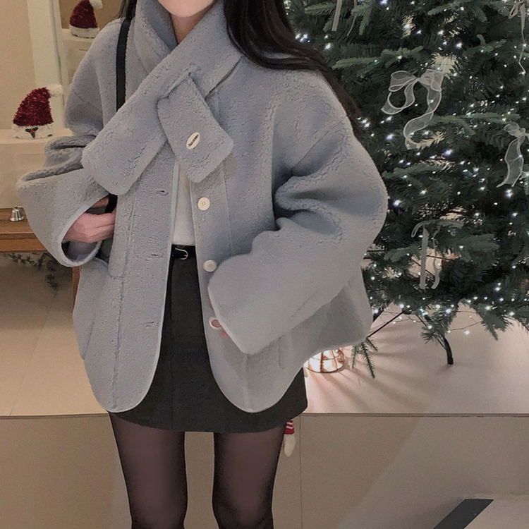 【マフラー付き】ウールボアペンダントオーバーフィットコート SKY BLUE