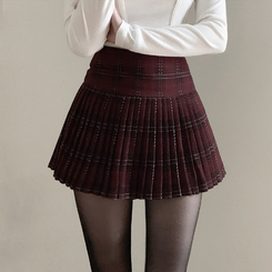 ハイウエストチェックプリーツミニスカート RED