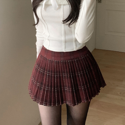 ハイウエストチェックプリーツミニスカート RED