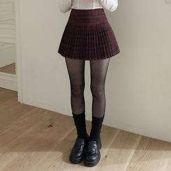 ハイウエストチェックプリーツミニスカート RED