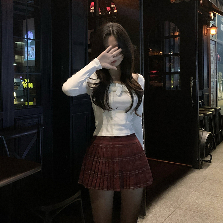 ハイウエストチェックプリーツミニスカート RED