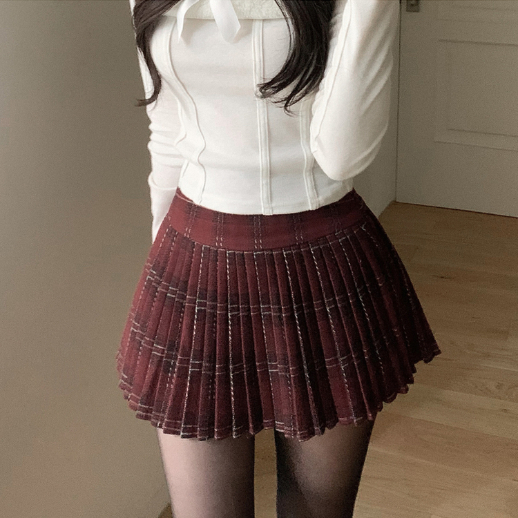 ハイウエストチェックプリーツミニスカート RED