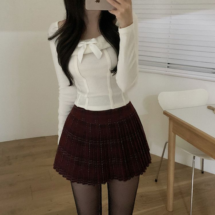 ハイウエストチェックプリーツミニスカート RED