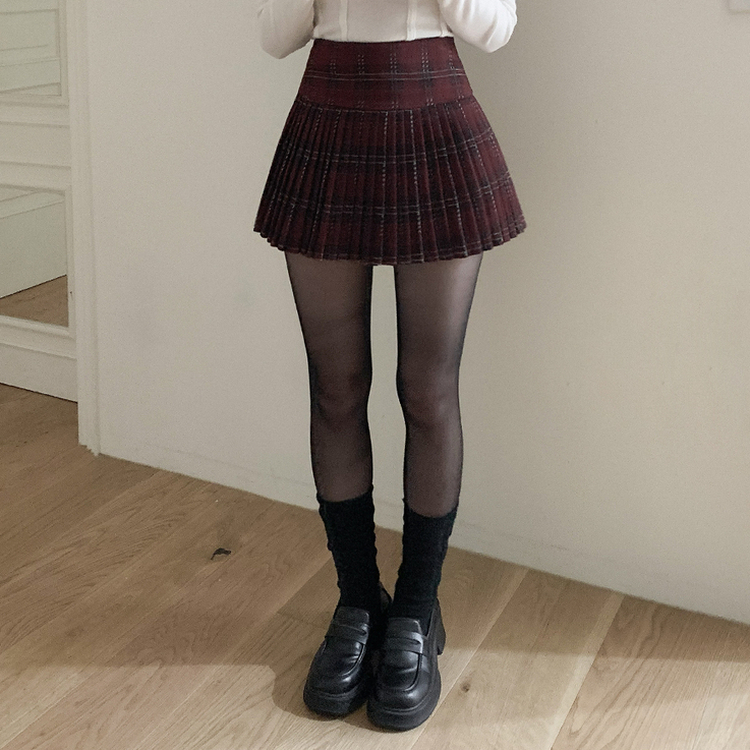 ハイウエストチェックプリーツミニスカート RED