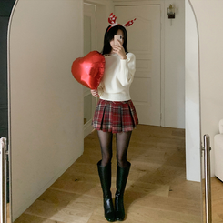 チェックプリーツAラインミニスカート RED