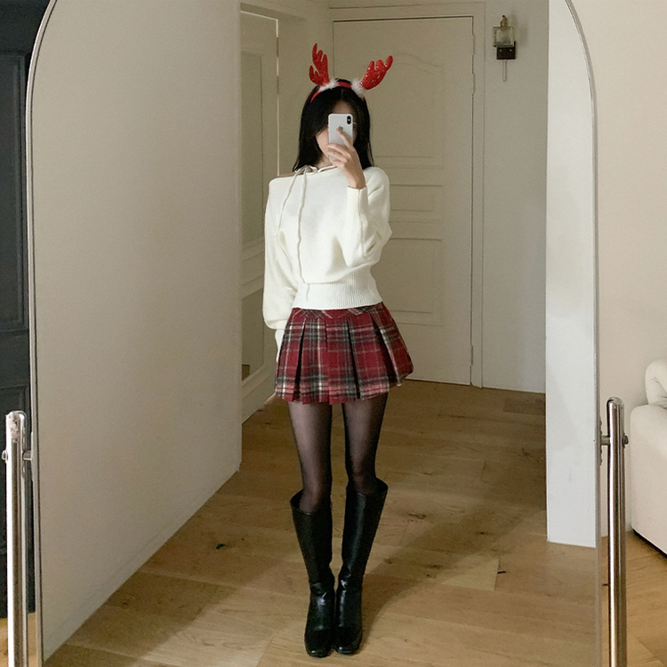 チェックプリーツAラインミニスカート RED