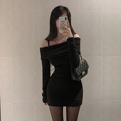 オフショルダーリブミニワンピース BLACK