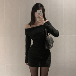 オフショルダーリブミニワンピース BLACK