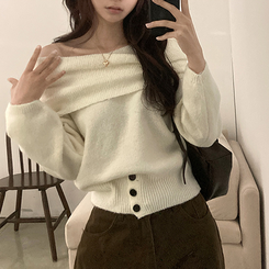 두나 오프숄더 단가라 버튼 니트 아이보리