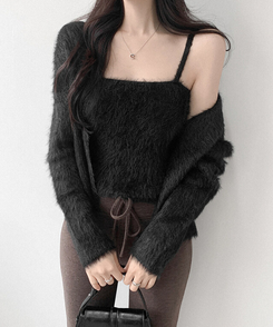 【SET】ミンクファーキャミソール カーディガン BLACK