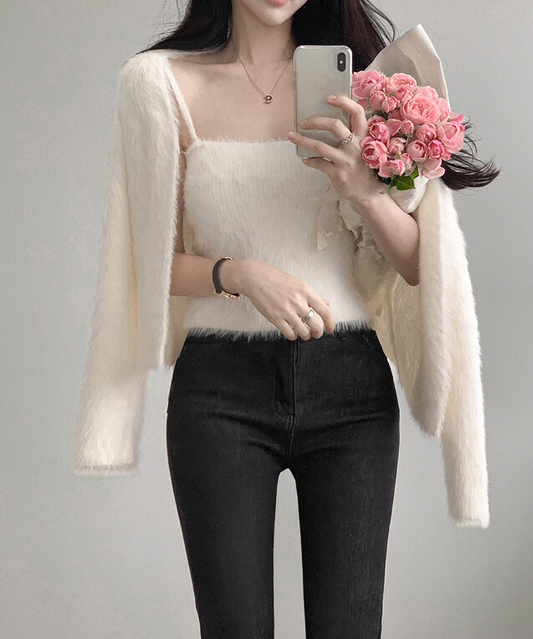 【SET】ミンクファーキャミソール カーディガン IVORY