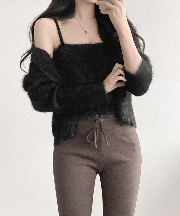 【SET】ミンクファーキャミソール カーディガン BLACK