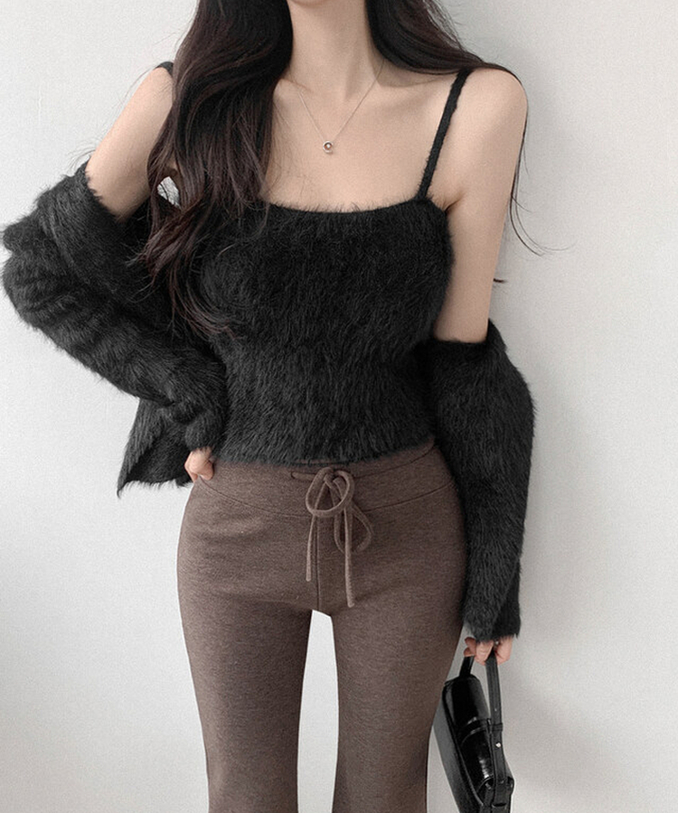 【SET】ミンクファーキャミソール カーディガン BLACK