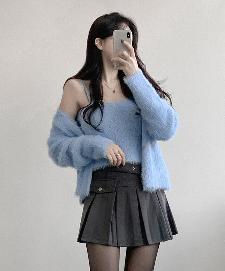 【SET】ミンクファーキャミソール カーディガン SKY BLUE
