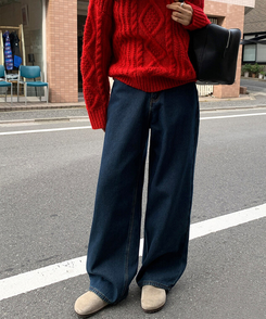 【起毛】ループワイドデニムパンツ DEEP DENIM