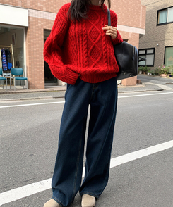 【起毛】ループワイドデニムパンツ DEEP DENIM