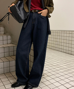 【起毛】ループワイドデニムパンツ Blue Black
